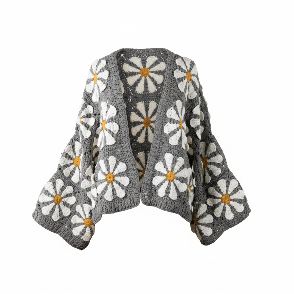 Women's gray crochet cardigan with white daisy floral motifs golden yellow centers oversized balloon sleeves open front - BellanBlue