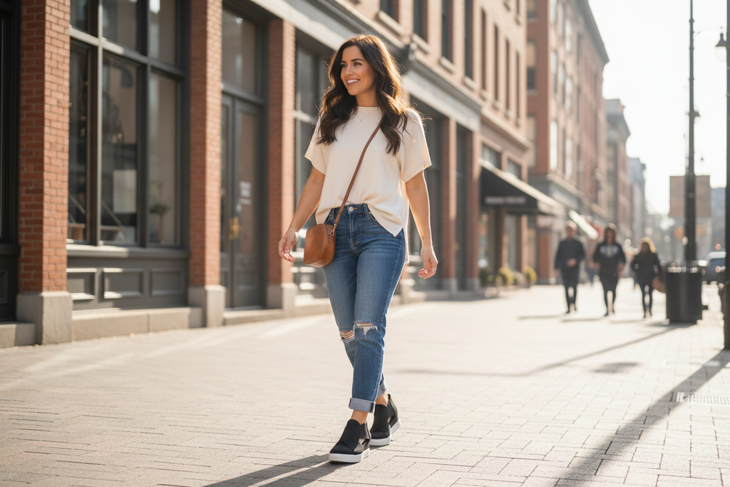 Woman wearing black slip-on sneakers with crisscross straps walking on city sidewalk - casual street style