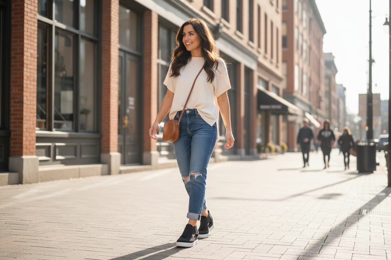 Woman wearing black slip-on sneakers with crisscross straps walking on city sidewalk - casual street style