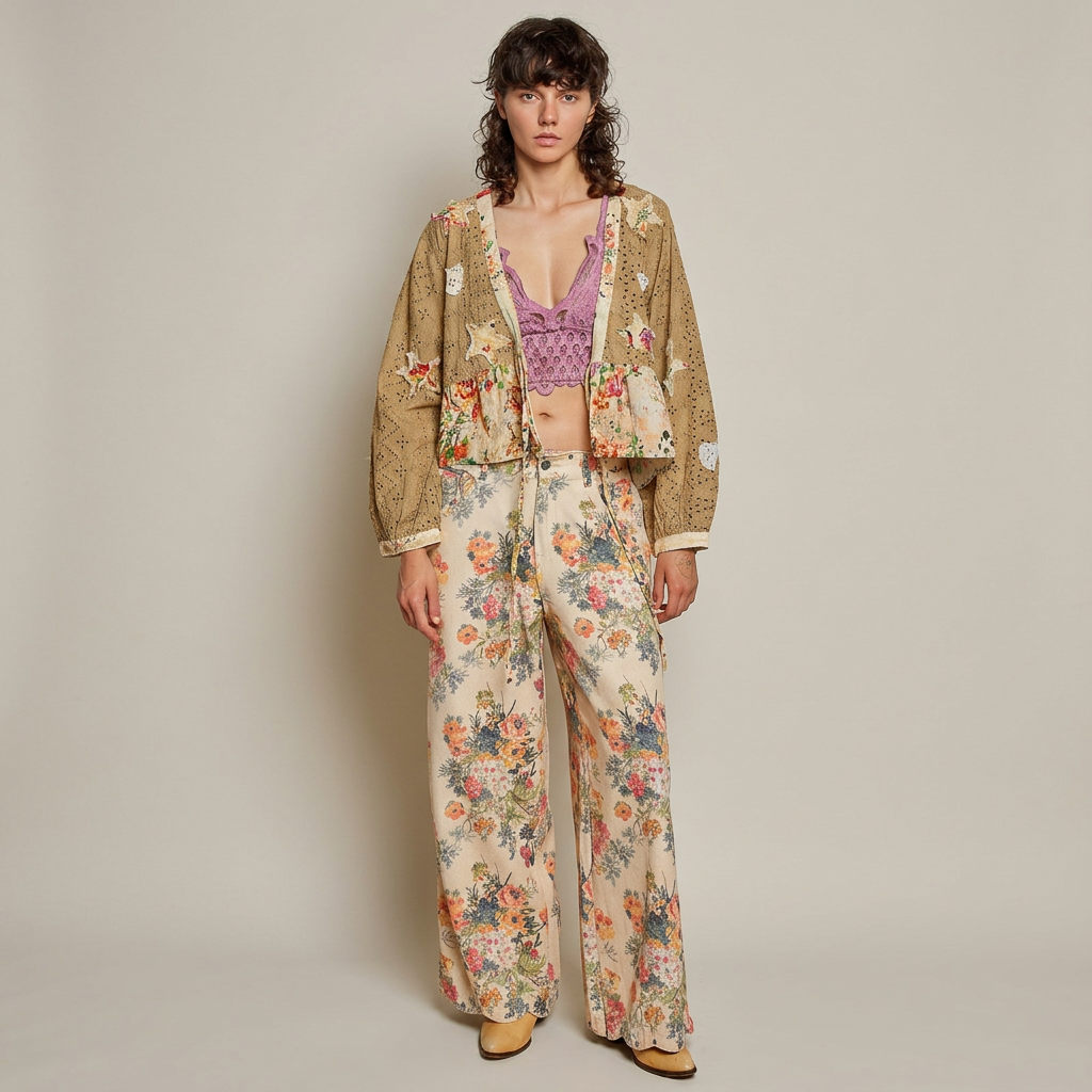 Full front outfit with mocha eyelet cardigan, mauve lace top, cream floral wide-leg pants and tan boots.