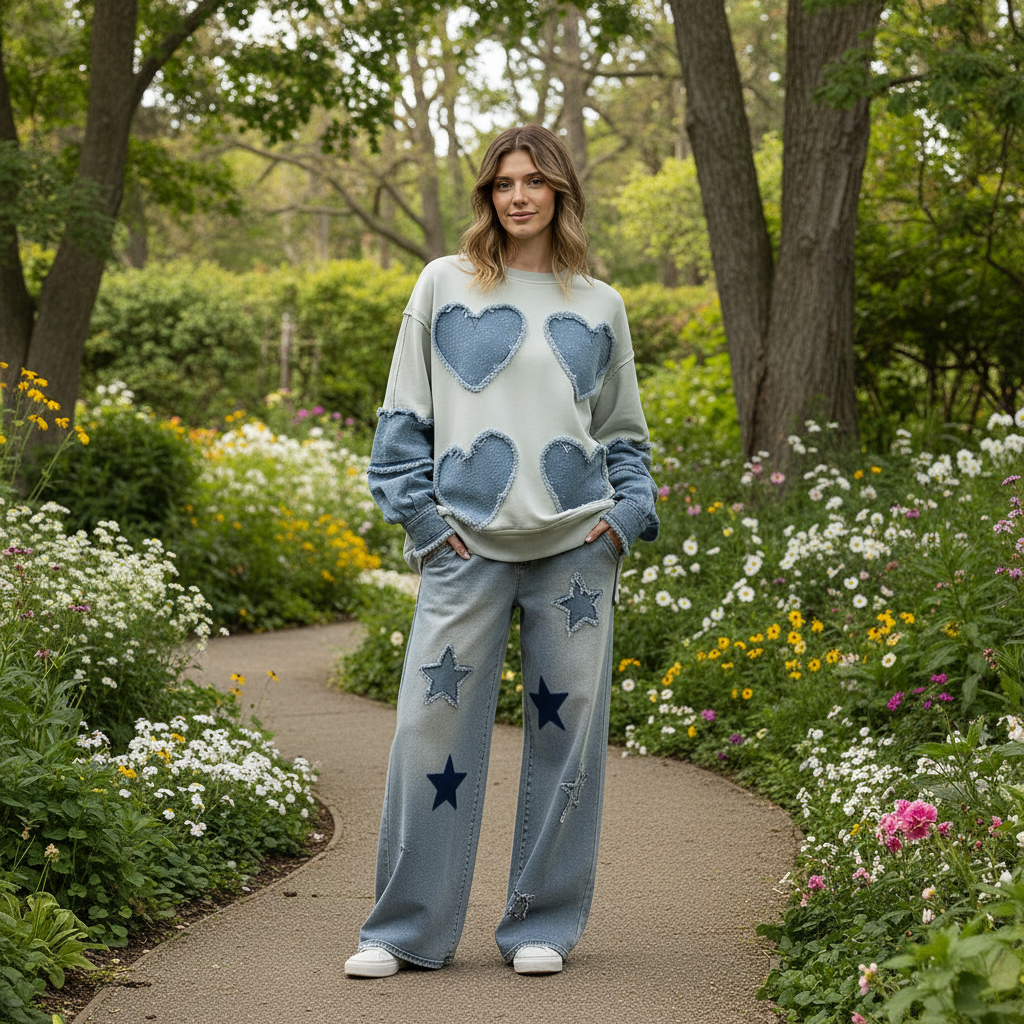 Light gray heart embroidery sweatshirt styled in a quiet outdoor park setting – BellanBlue