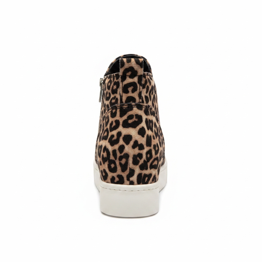 Women's oatmeal leopard sneaker bootie back view, zipper pull tab, thick white platform rubber sole