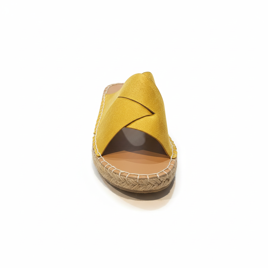 Women's yellow crisscross slide sandals - front view showing espadrille platform detail