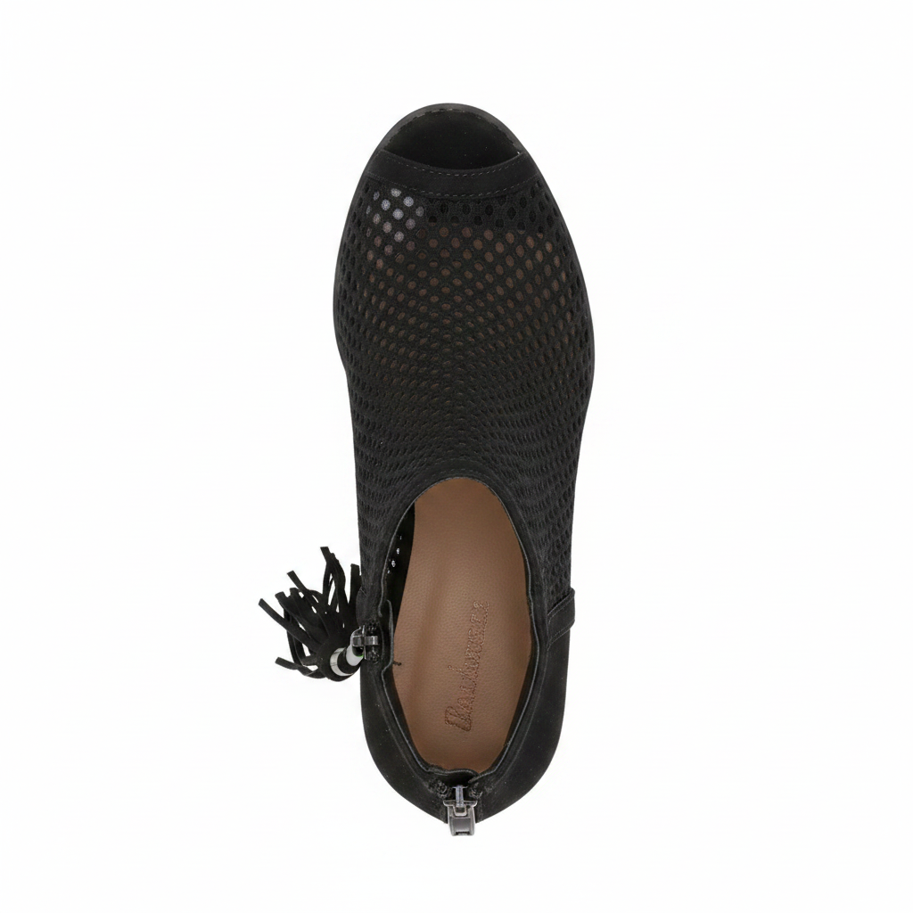 Black perforated mesh peep-toe bootie, overhead top-down view showing open-weave cutout pattern on white background