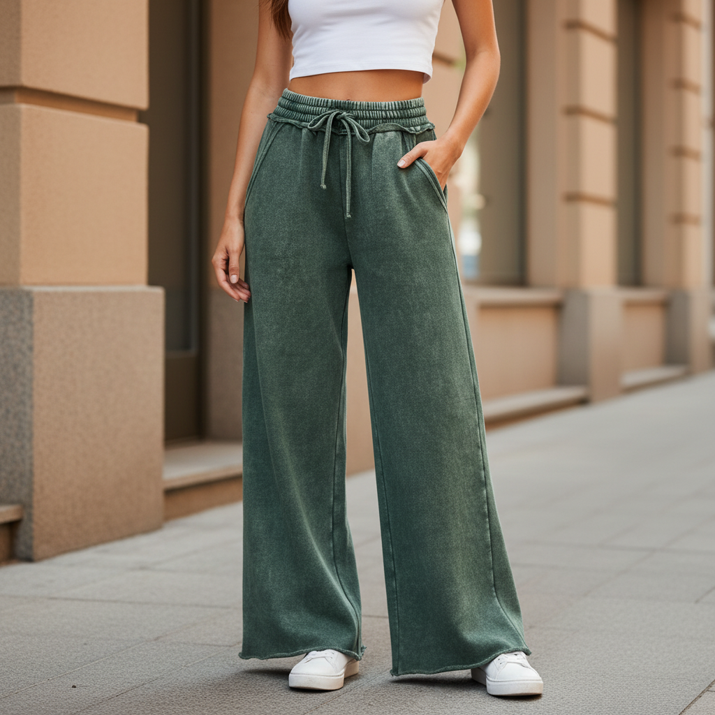 Zenana women's dark green acid wash palazzo sweatpants, wide leg, city street style - BellanBlue