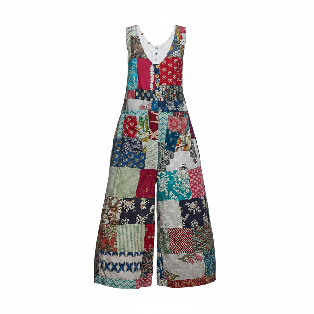 Women's patchwork wide leg sleeveless jumpsuit front view boho relaxed fit