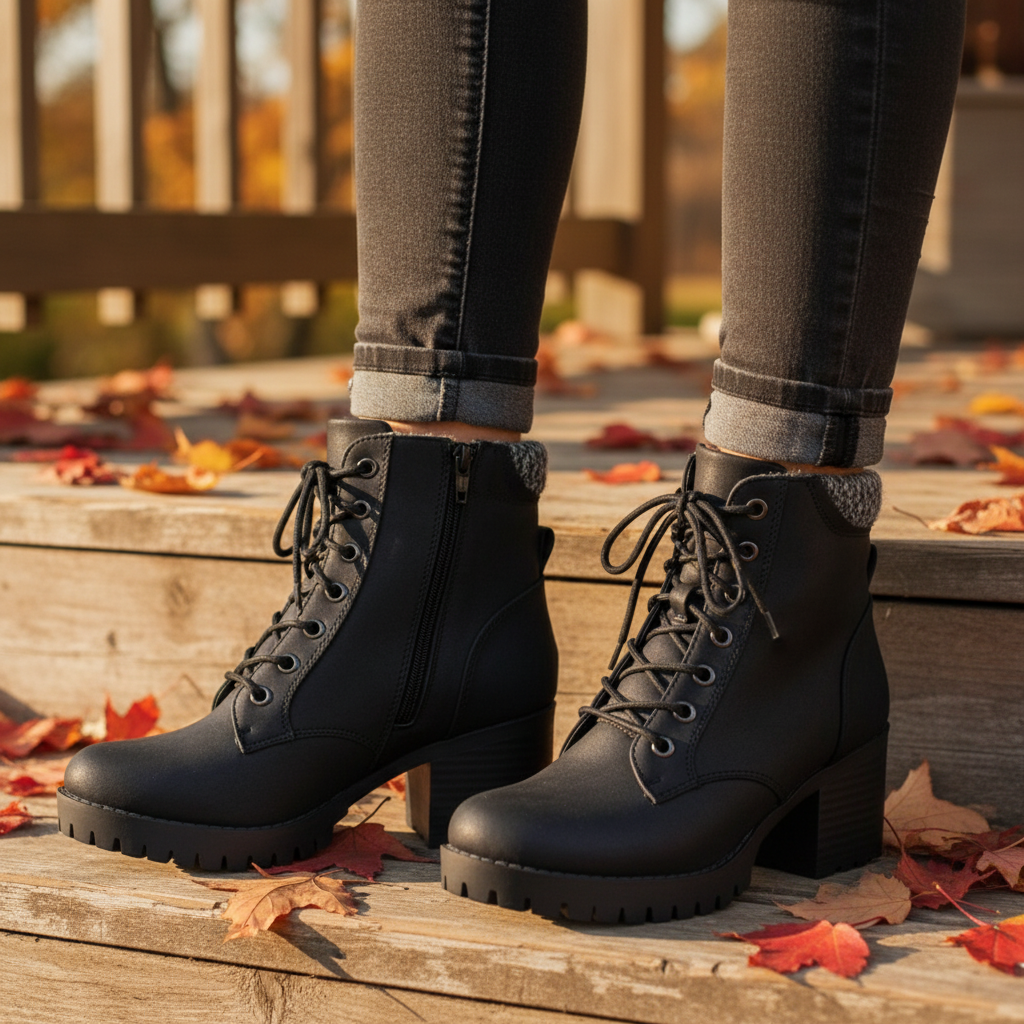 Woman wearing Soda black lace-up ankle boots on rustic wooden steps in autumn outdoor setting