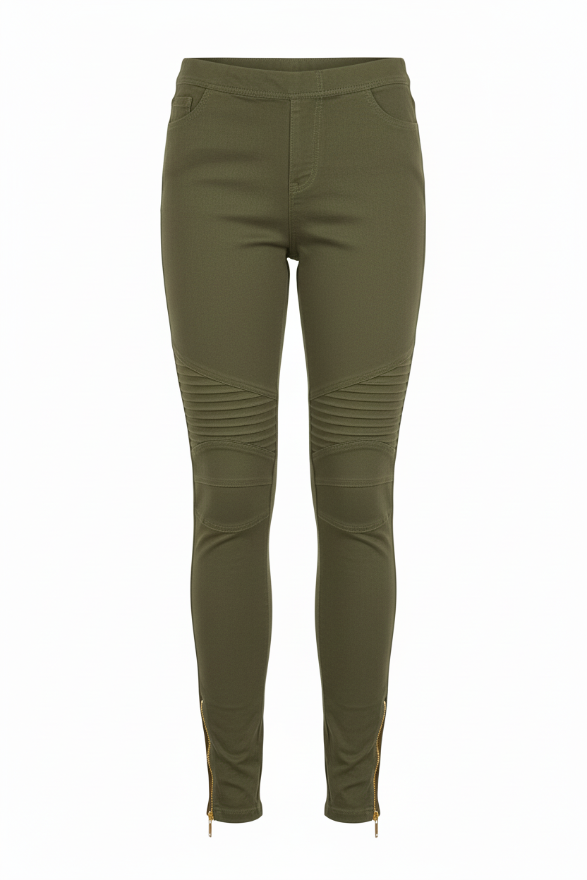 Women's moto leggings in olive green - front view showing moto seaming, knee ruching, and gold ankle zipper