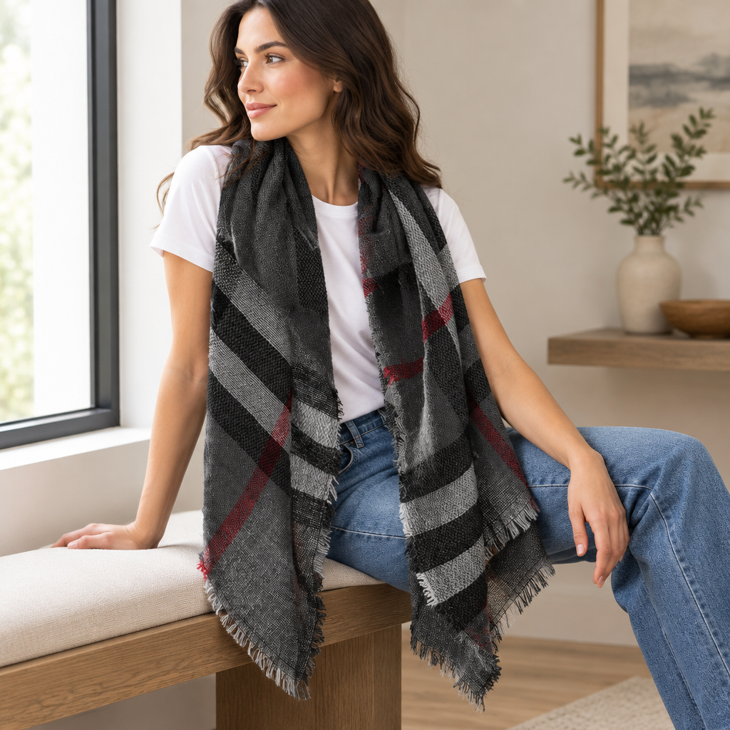 ILLord women's long plaid oblong scarf draped over shoulders, soft woven drape