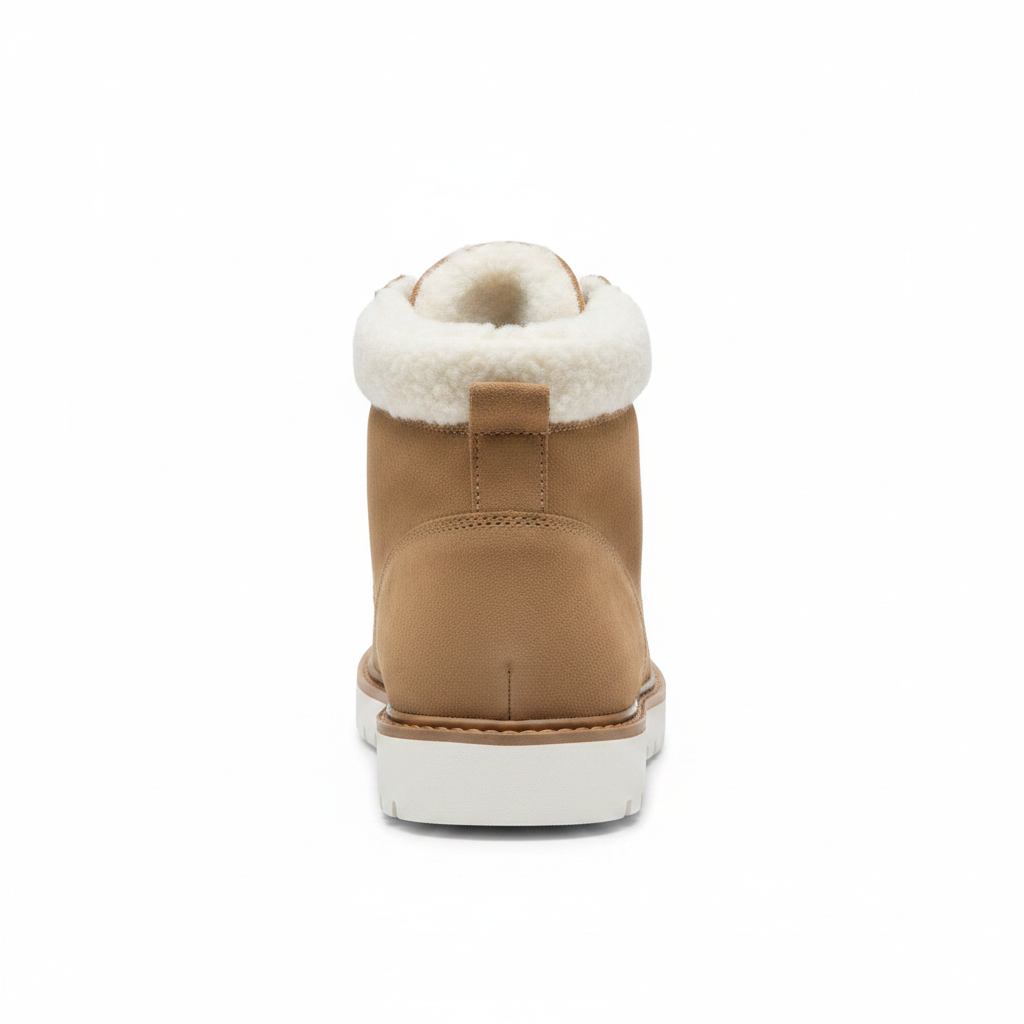 Camel suede lace-up ankle boot straight rear view showing heel and white sherpa lining collar on white background