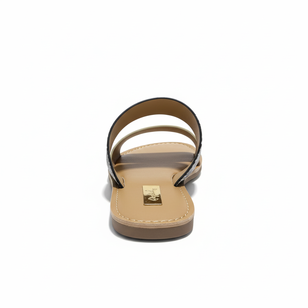 Women's blush suede double-strap flat slide sandal snake print ankle strap open back heel view white background