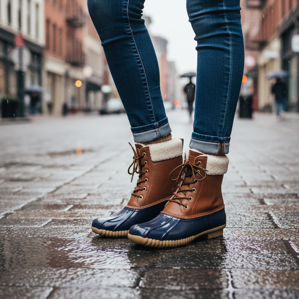 Women's brown and navy duck boot with sherpa collar worn with dark jeans on a wet city sidewalk in light rain - BellanBlue
