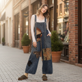 Bluevelvet women's denim patchwork overalls full-length front view, boutique street setting - BellanBlue