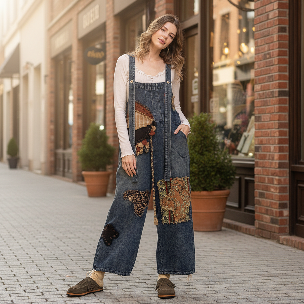 Bluevelvet women's denim patchwork overalls full-length front view, boutique street setting - BellanBlue