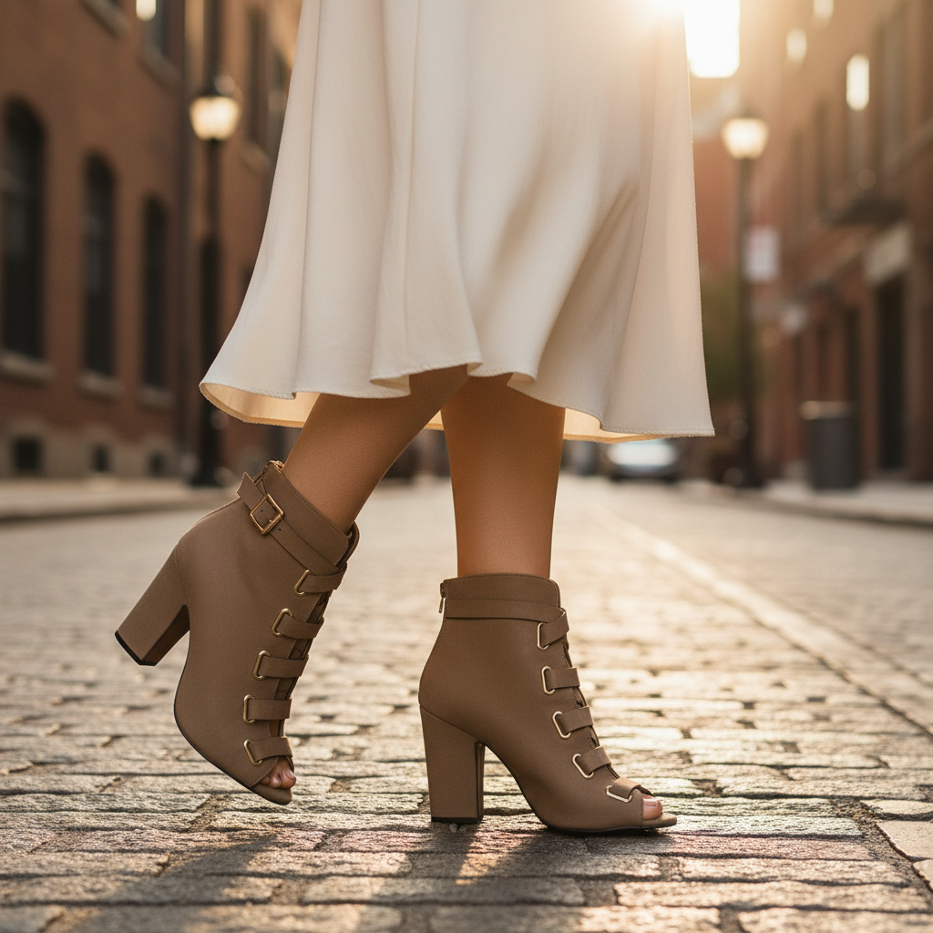 Woman walking in taupe Qupid lace-up ankle booties with cream midi skirt, urban street lifestyle shot