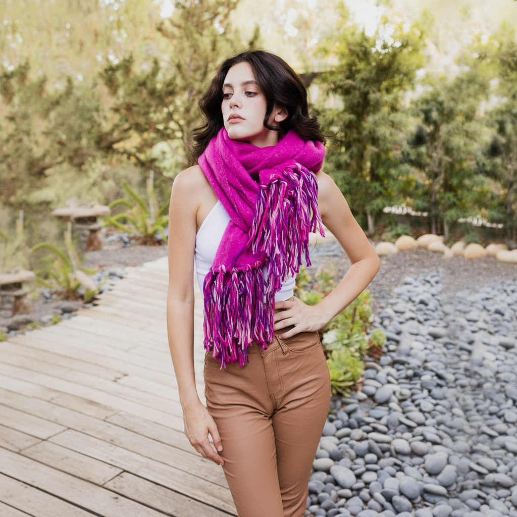 Women's fuchsia speckled knit scarf wrap with pink fringe, looped over crop top and camel trousers – BellanBlue