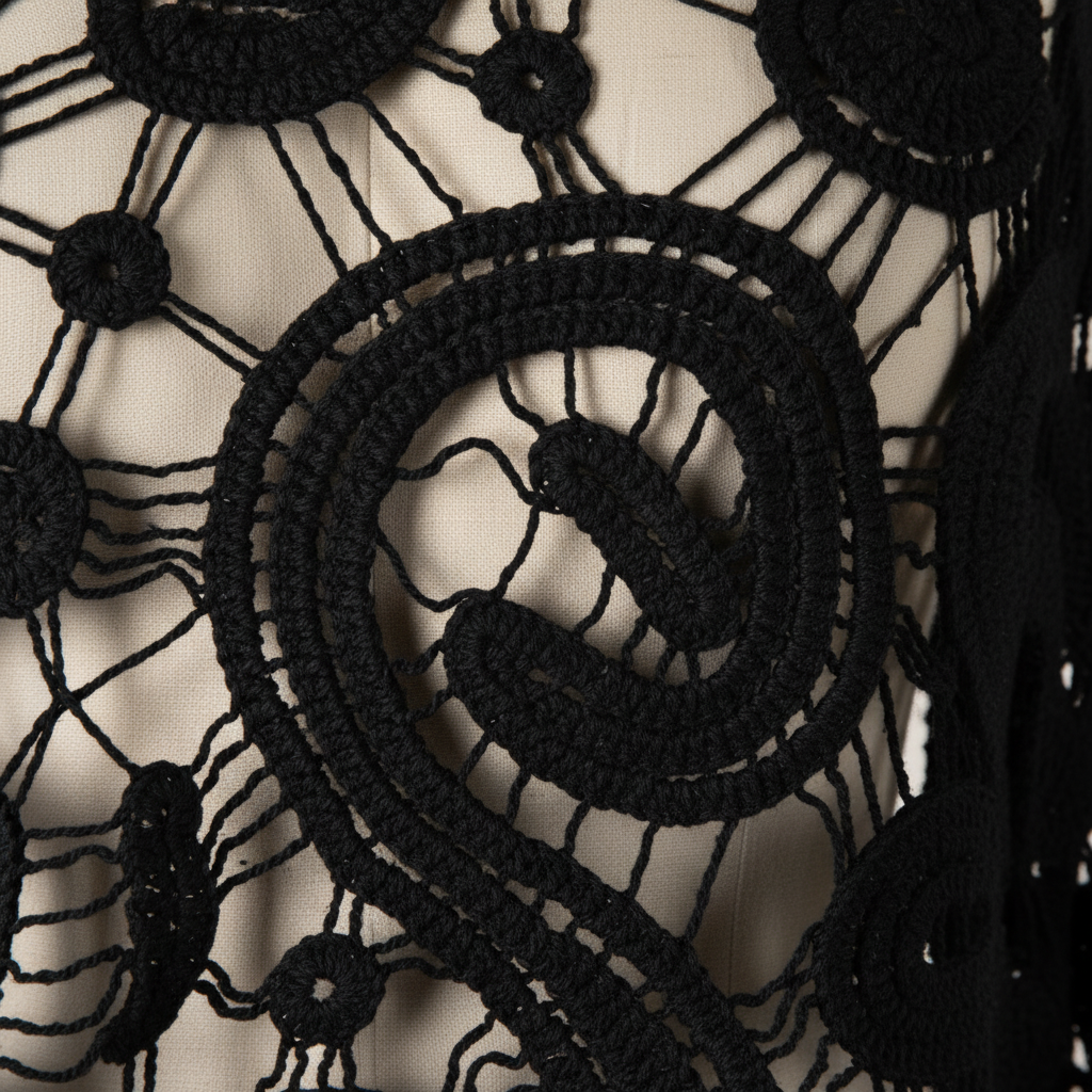 Close-up of black open-weave crochet fabric raised paisley swirl motifs open mesh texture detail