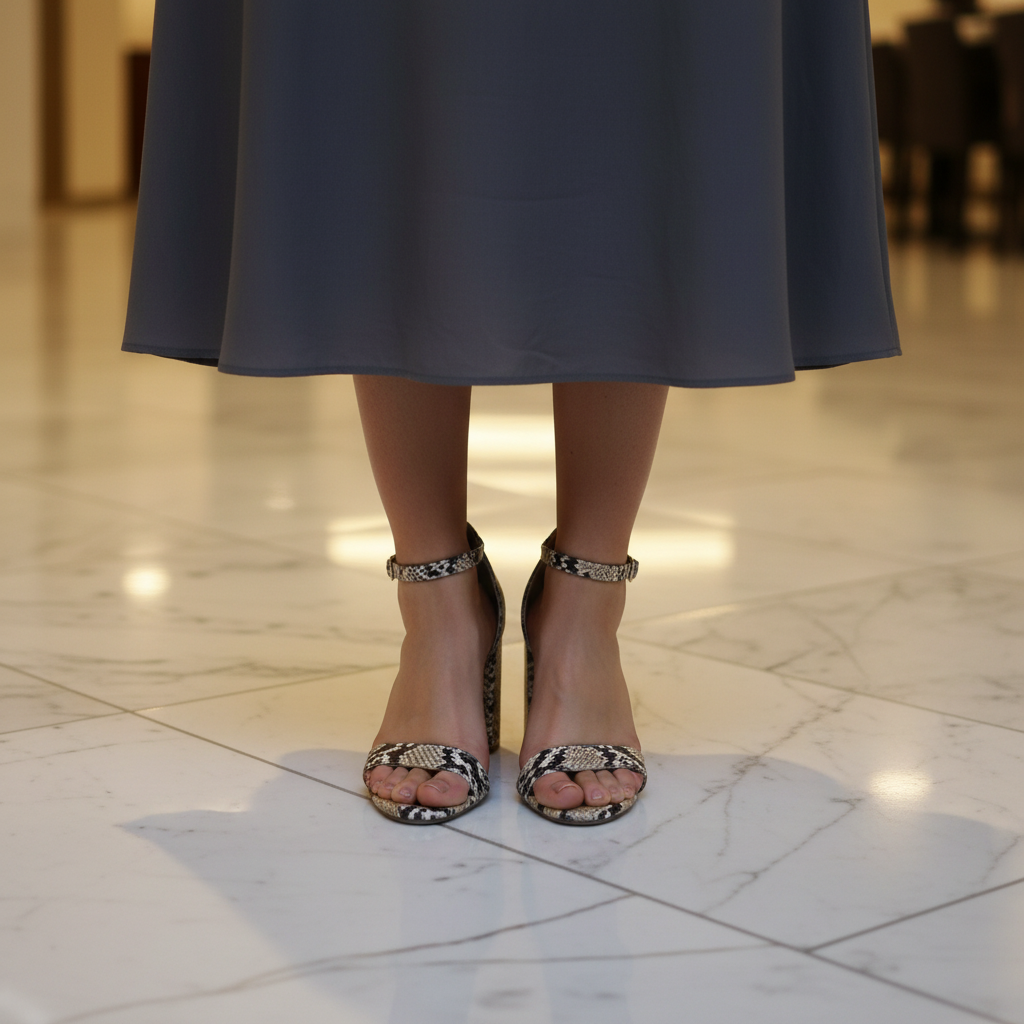 Woman wearing snakeskin-print block heel ankle strap sandals on marble floor in upscale interior setting, black white grey python texture