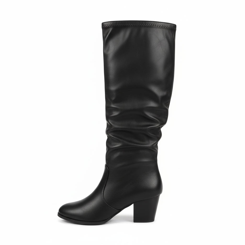 Side profile of black slouchy boot showing block heel and gathered shaft detail