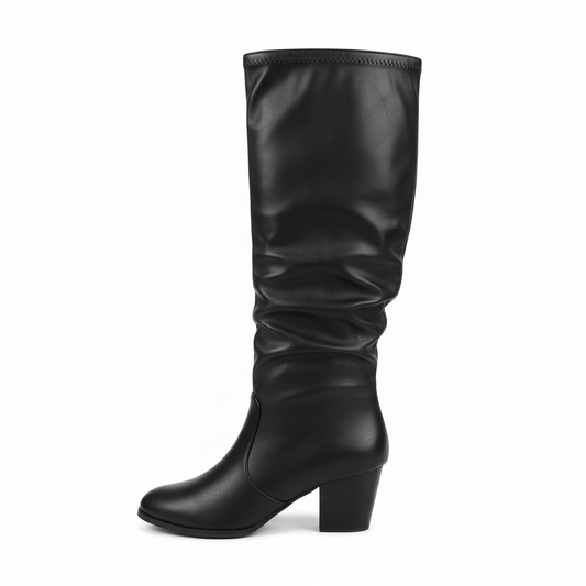 Side profile of black slouchy boot showing block heel and gathered shaft detail
