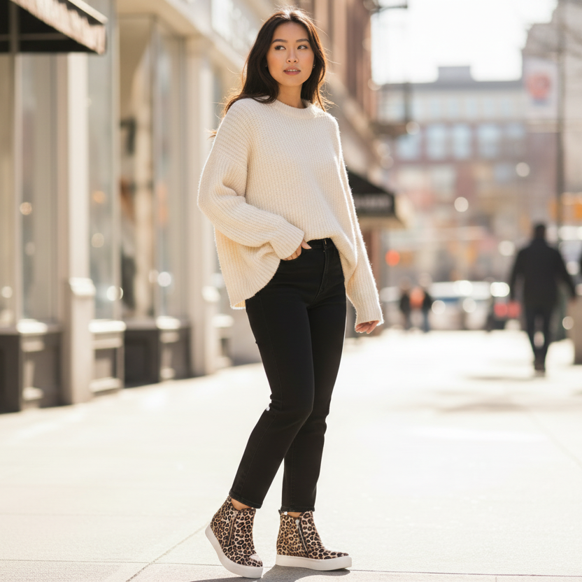 Women's oatmeal leopard high-top sneaker bootie, white platform sole, styled with black jeans and cream knit on city sidewalk