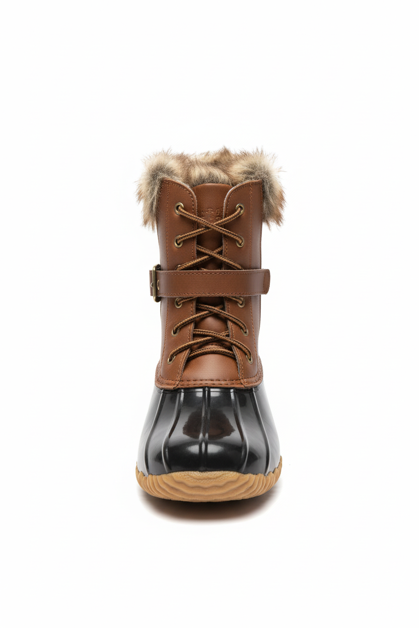 Tan duck boot front view with lace-up design and waterproof rubber toe