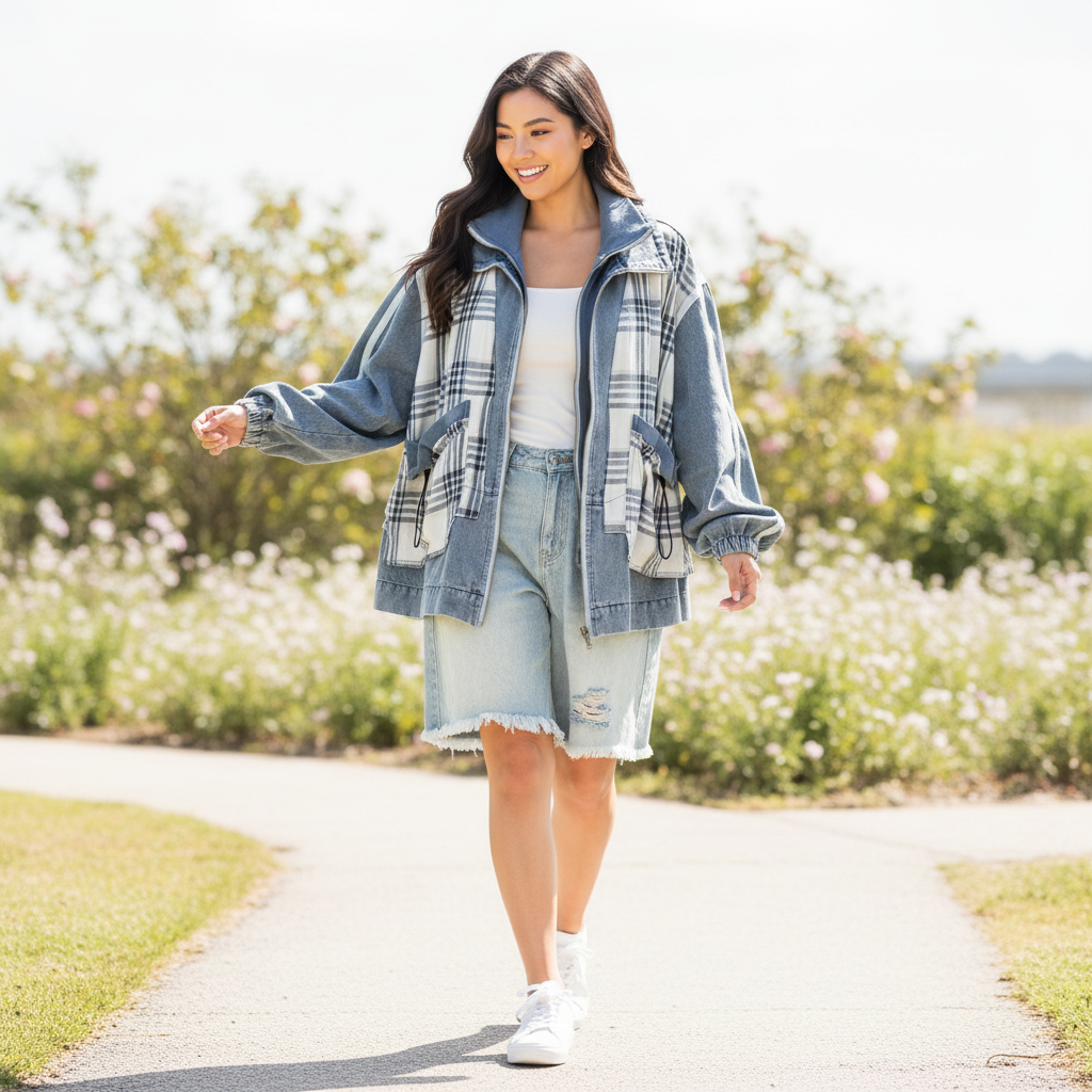 Women's blue plaid mixed fabric jacket open front, bishop sleeves with ruched cuffs, oversized casual fit