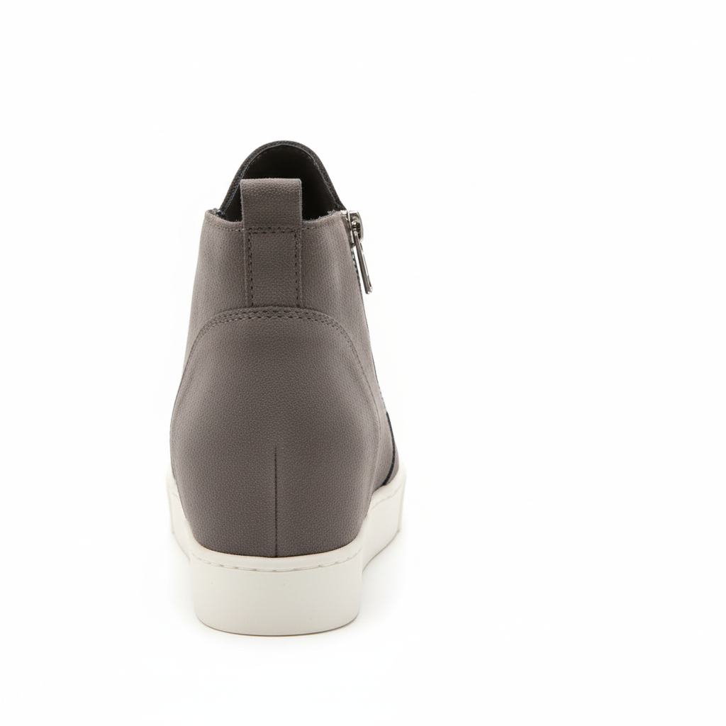 Gray suede wedge sneaker bootie back view