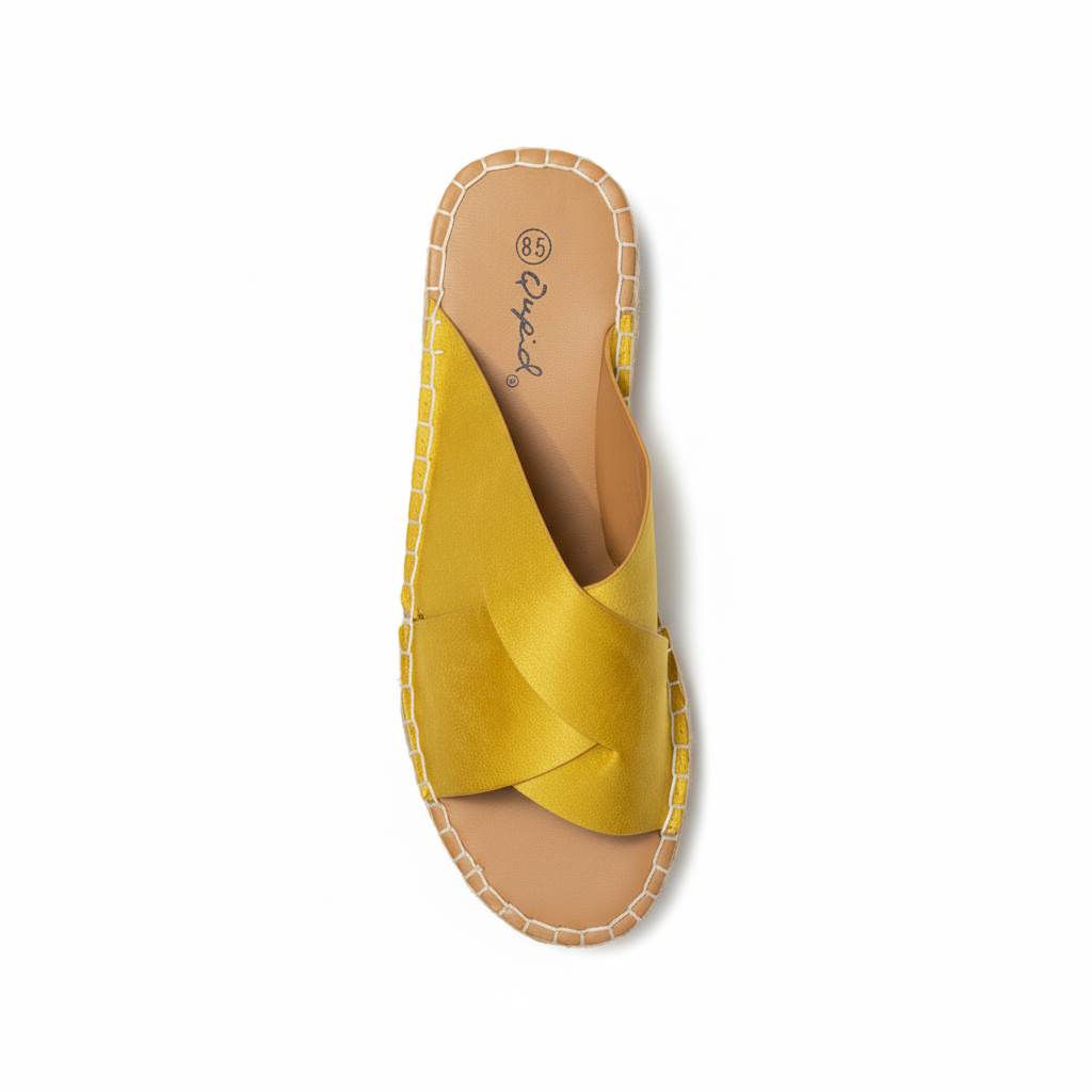 Yellow espadrille platform slides - top view displaying crisscross straps and cushioned footbed