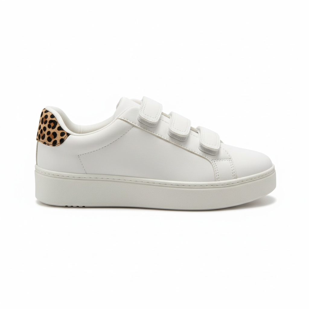 White platform sneaker with leopard print accent - side profile view showing platform sole