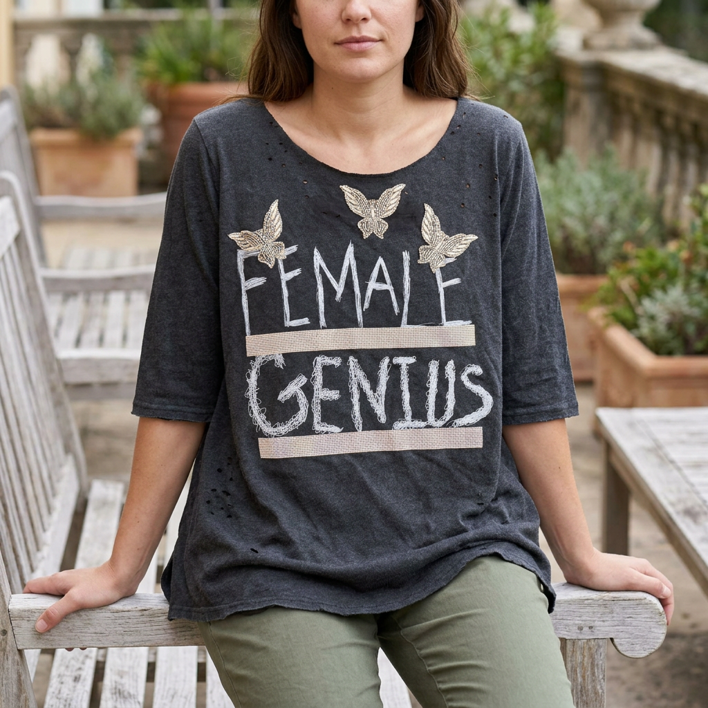 Woman seated on a wooden bench wearing a charcoal butterfly-embellished Female Genius tee and olive trousers.
