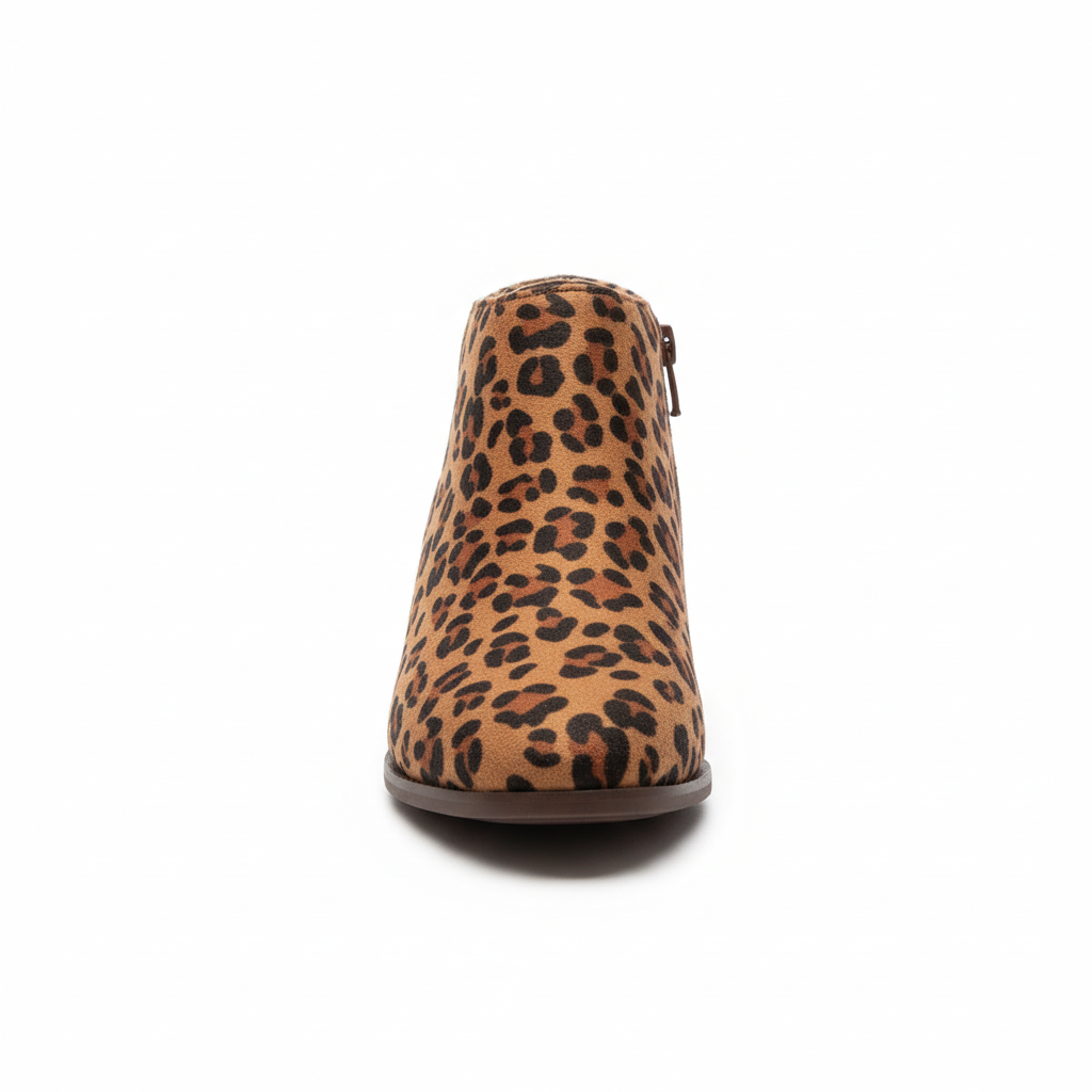 Leopard print ankle booties for women - front view showing side zipper detail and block heel