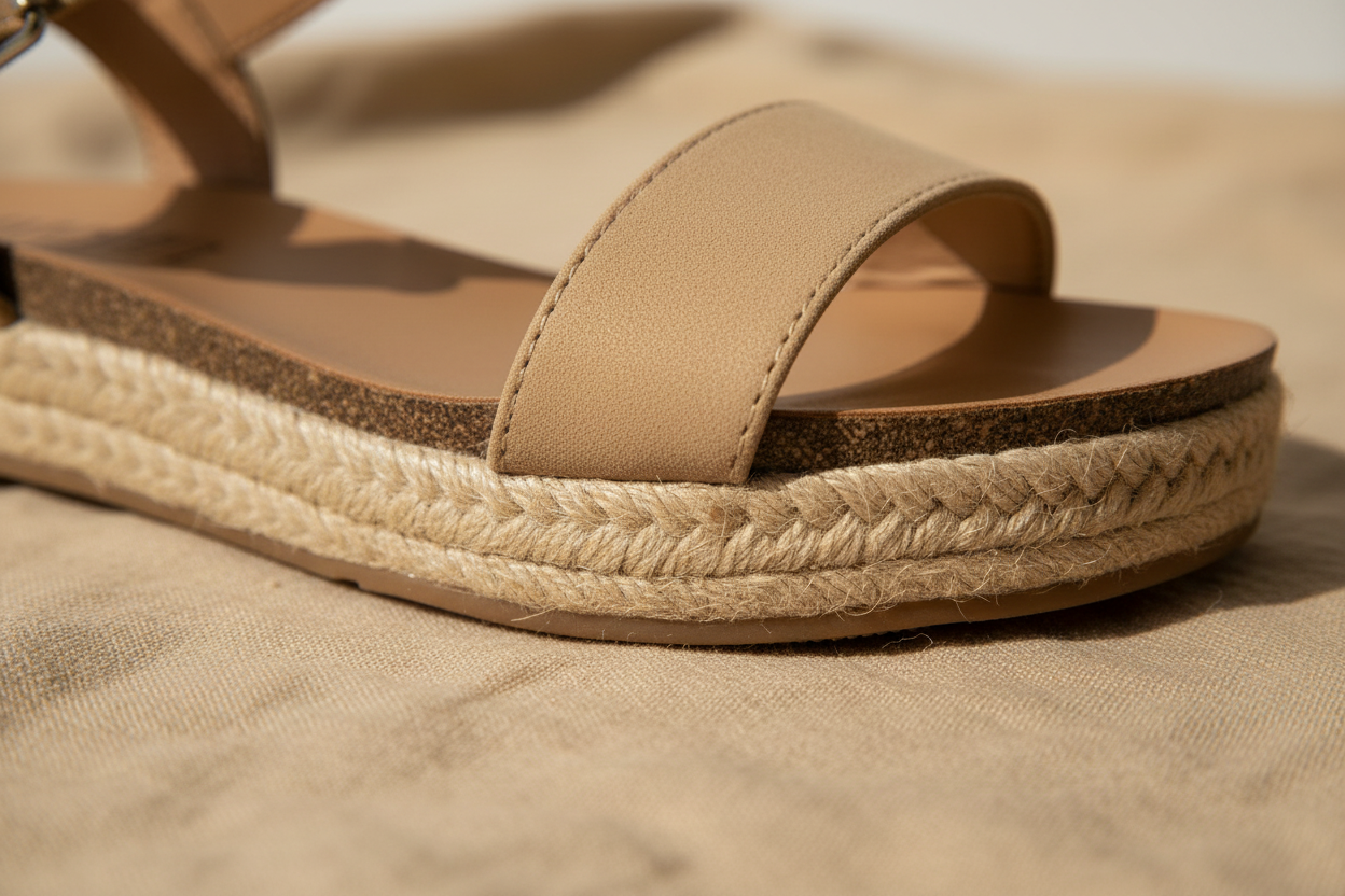 City Classified natural espadrille platform sandal sole detail, woven jute rope platform close-up

