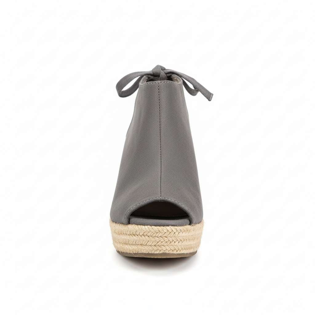 Grey espadrille wedge sandal with ankle tie - front view on white background