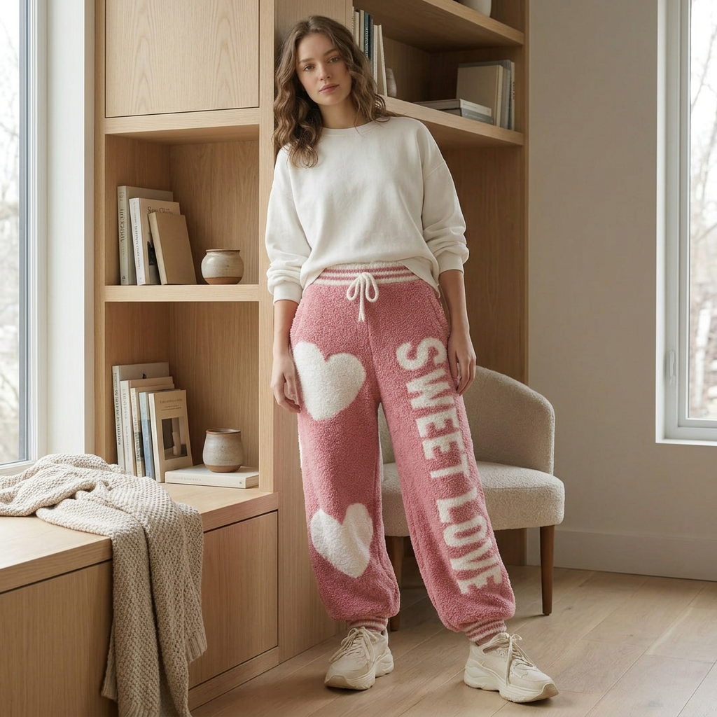 Pink fuzzy heart joggers with striped cuffs, styled with cream sneakers beside a modern reading nook.