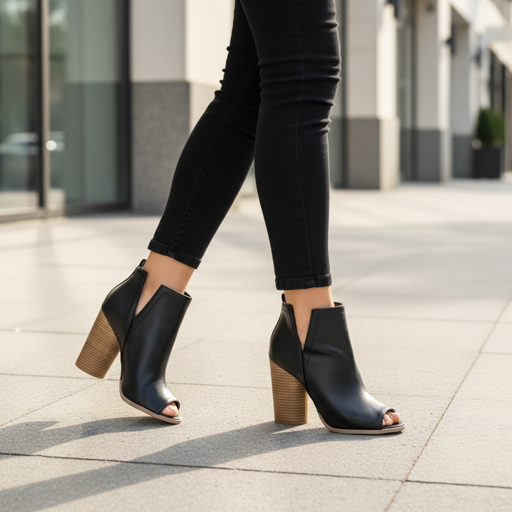 Women's black faux leather peep toe booties with chunky cork block heel styled with cropped jeans on urban sidewalk - BellanBlue