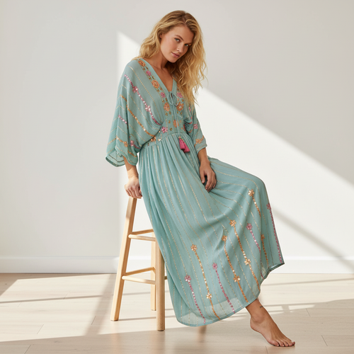 POL women's seafoam green embroidered maxi dress, gathered waist, kimono sleeves, seated side angle view