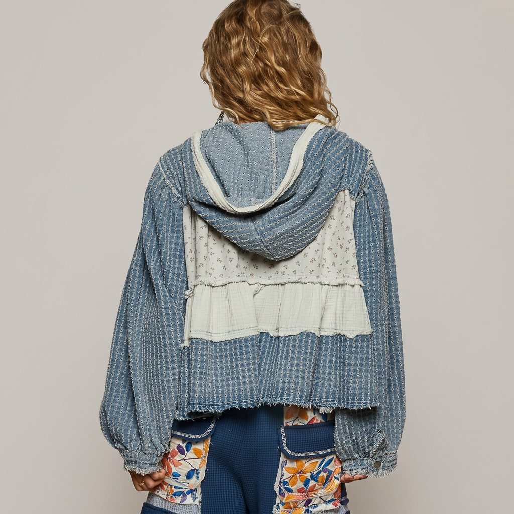 Back view of a denim-blue hoodie with a cream-edged hood, floral patchwork and a gathered cream band.