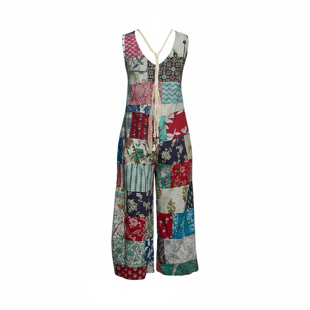 Women's patchwork wide leg sleeveless jumpsuit back view boho construction detail