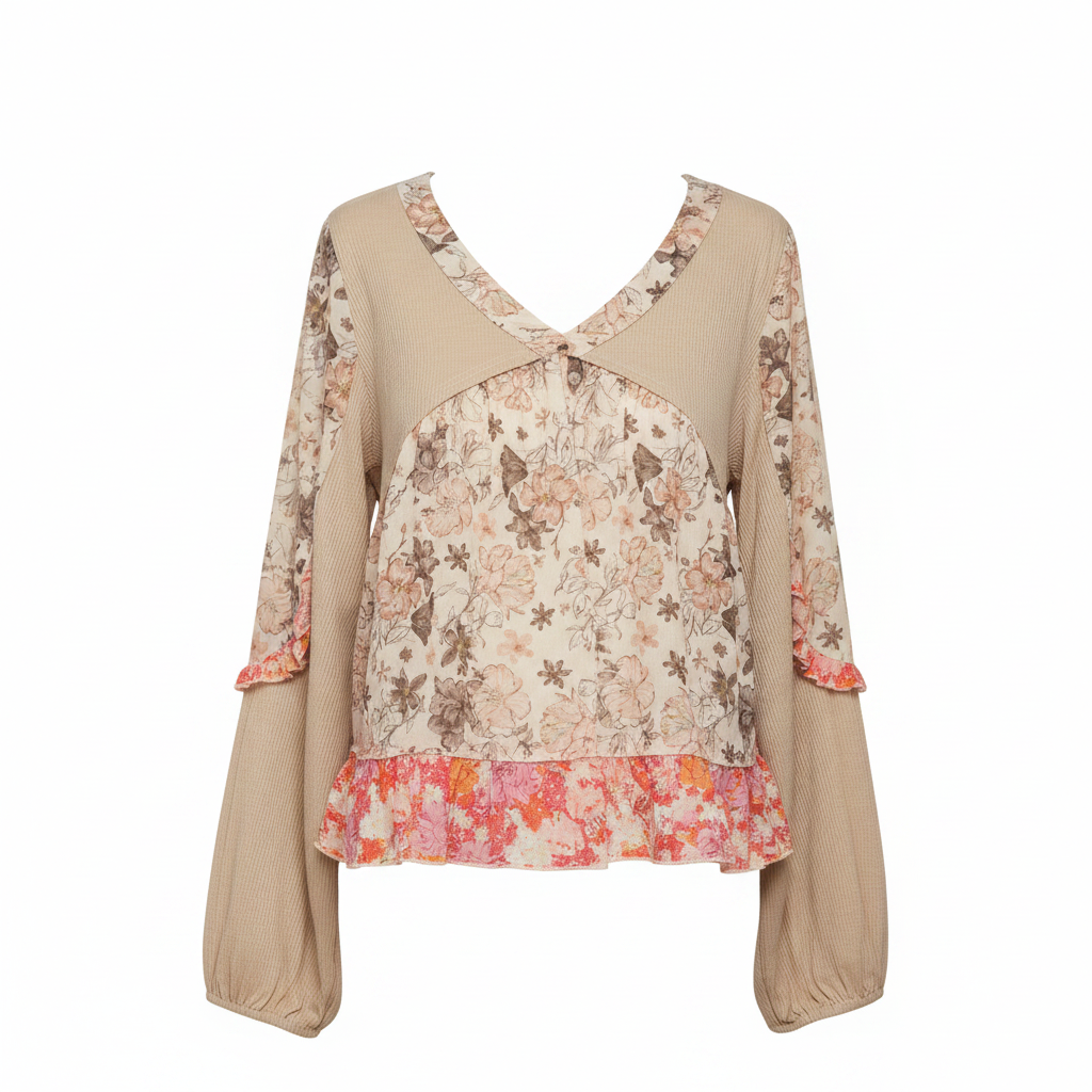 Women's toasted almond patchwork boho top, ribbed knit overlay, floral chiffon body, ruffle hem, relaxed fit