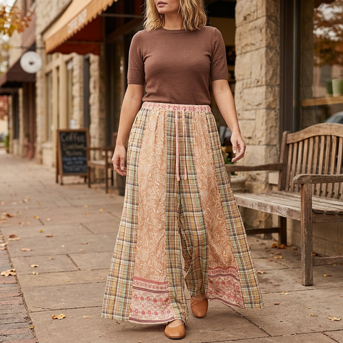 POL Clothing women's mocha patchwork wide-leg pants with a cocoa top on a cafe sidewalk