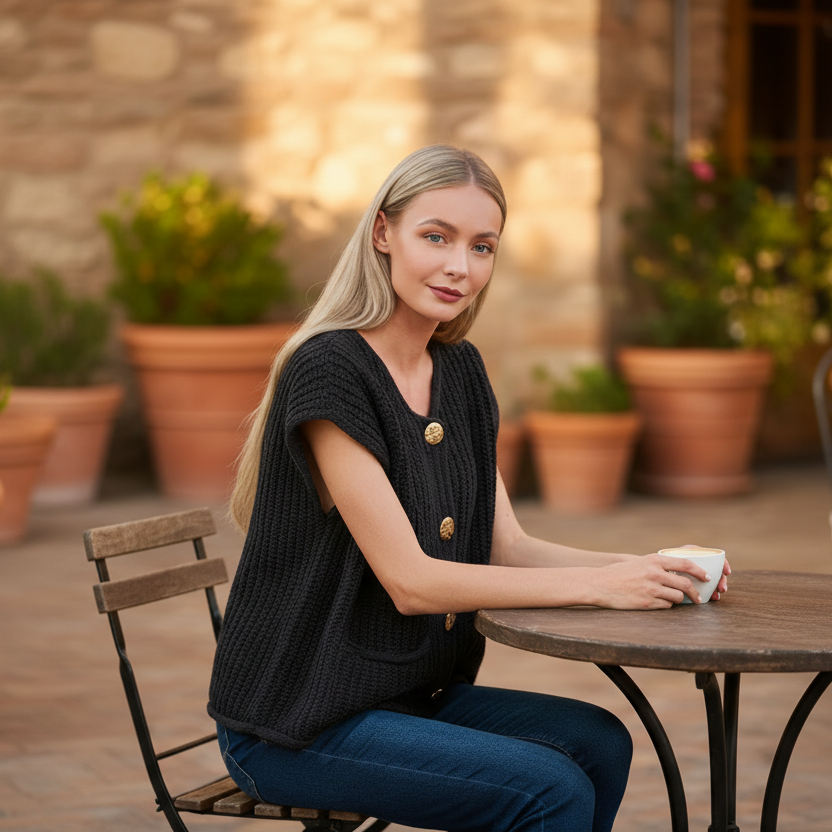 Zenana women's black sweater vest with patch pockets, outdoor café seated styling