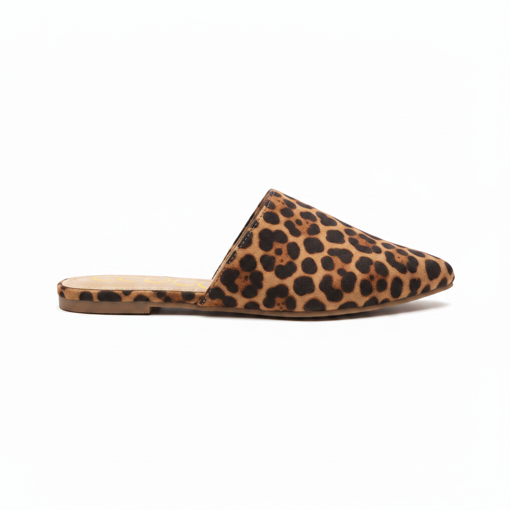 Bella Marie leopard print pointed toe mule slide, outer-side profile view on white background, flat open-back silhouette