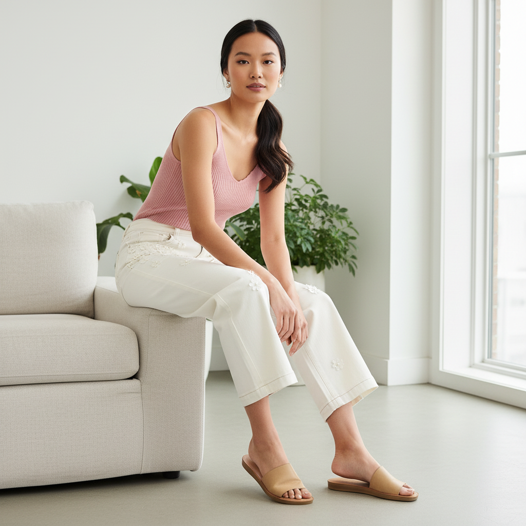 Women's cream denim wide-leg pants pearl daisy detail boho chic indoor editorial