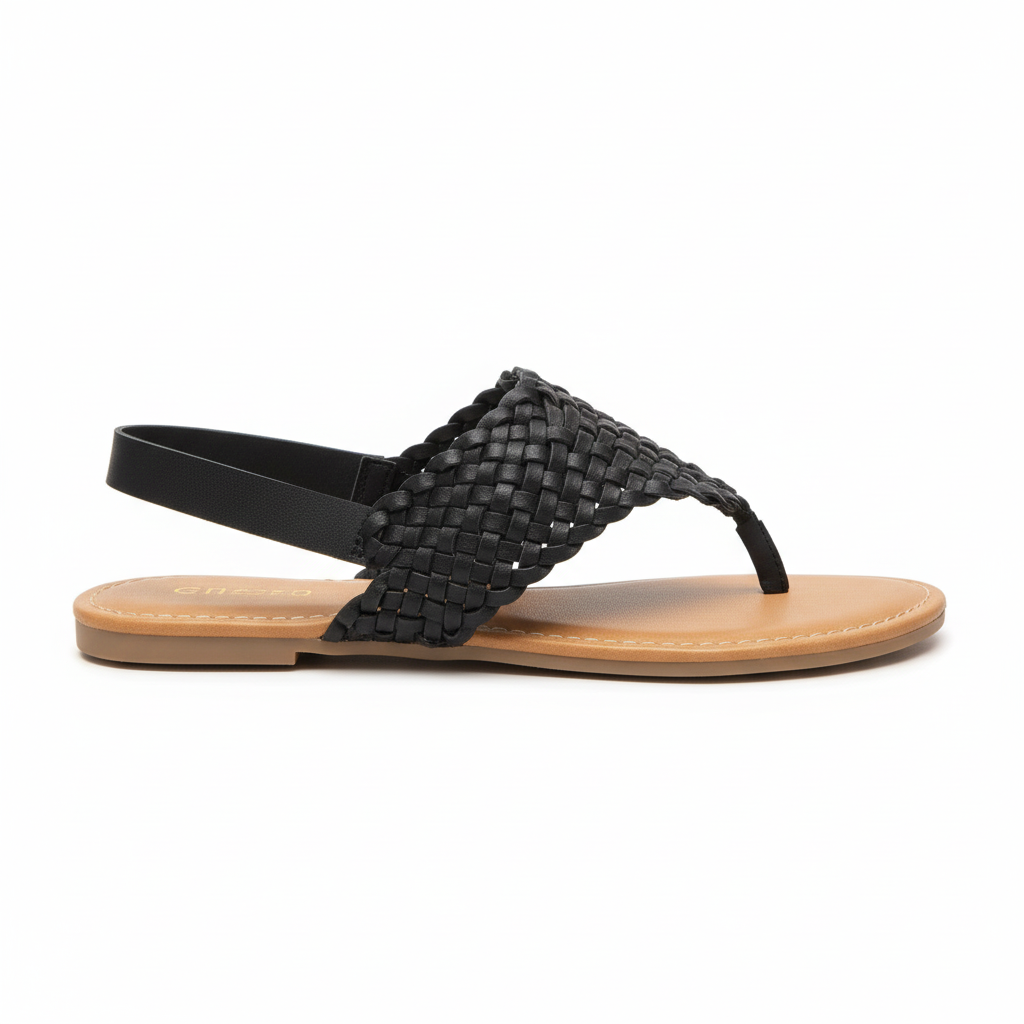 Women's black basket-weave braided flat thong sandal with slingback ankle strap and gold buckle side profile view