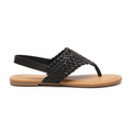 Women's black basket-weave braided flat thong sandal with slingback ankle strap and gold buckle side profile view