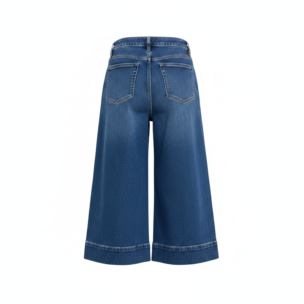 Women's blue wash culotte jeans back view patch pockets contrast topstitching