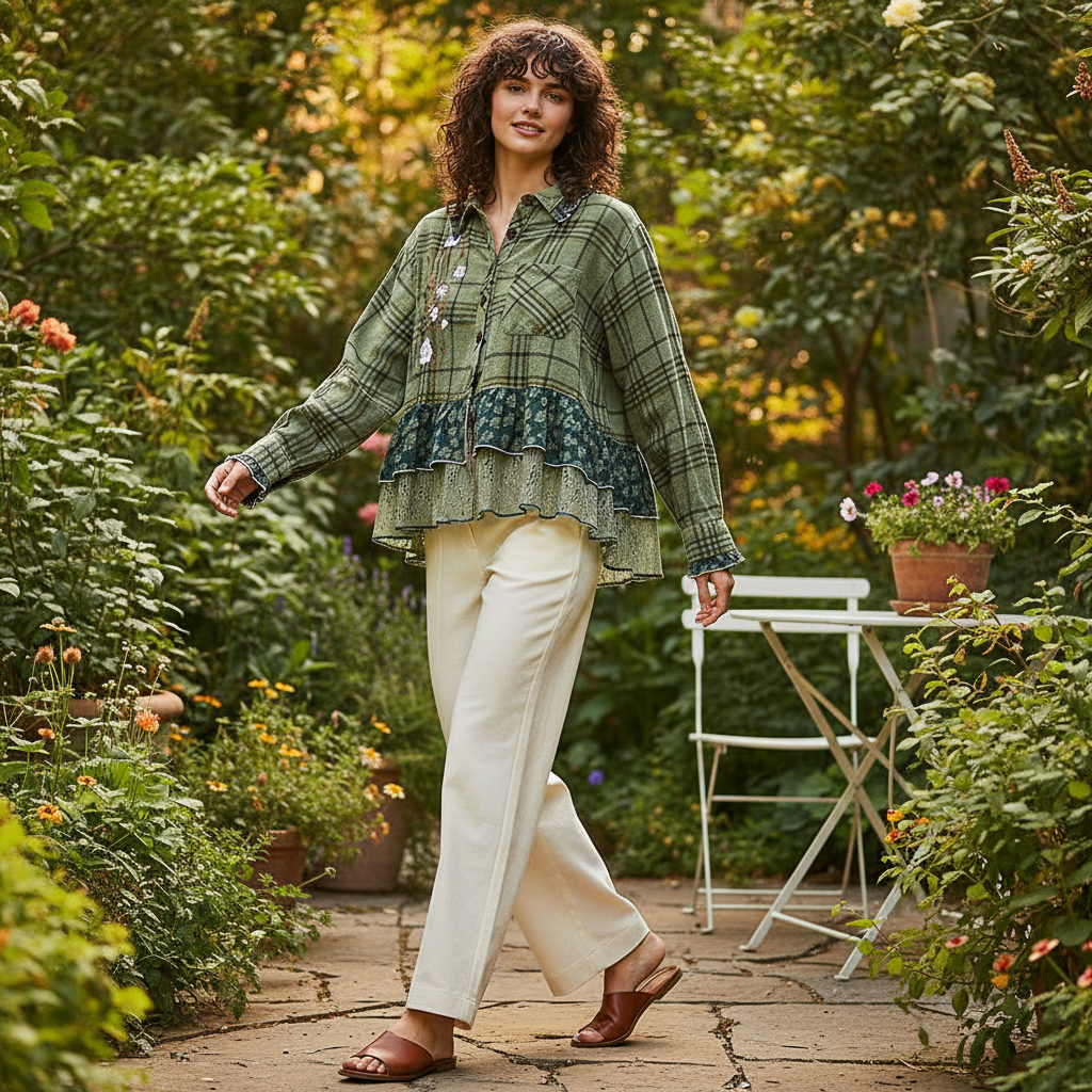 POL Clothing women's olive multi plaid top with lace ruffle hem, garden patio brunch outfit