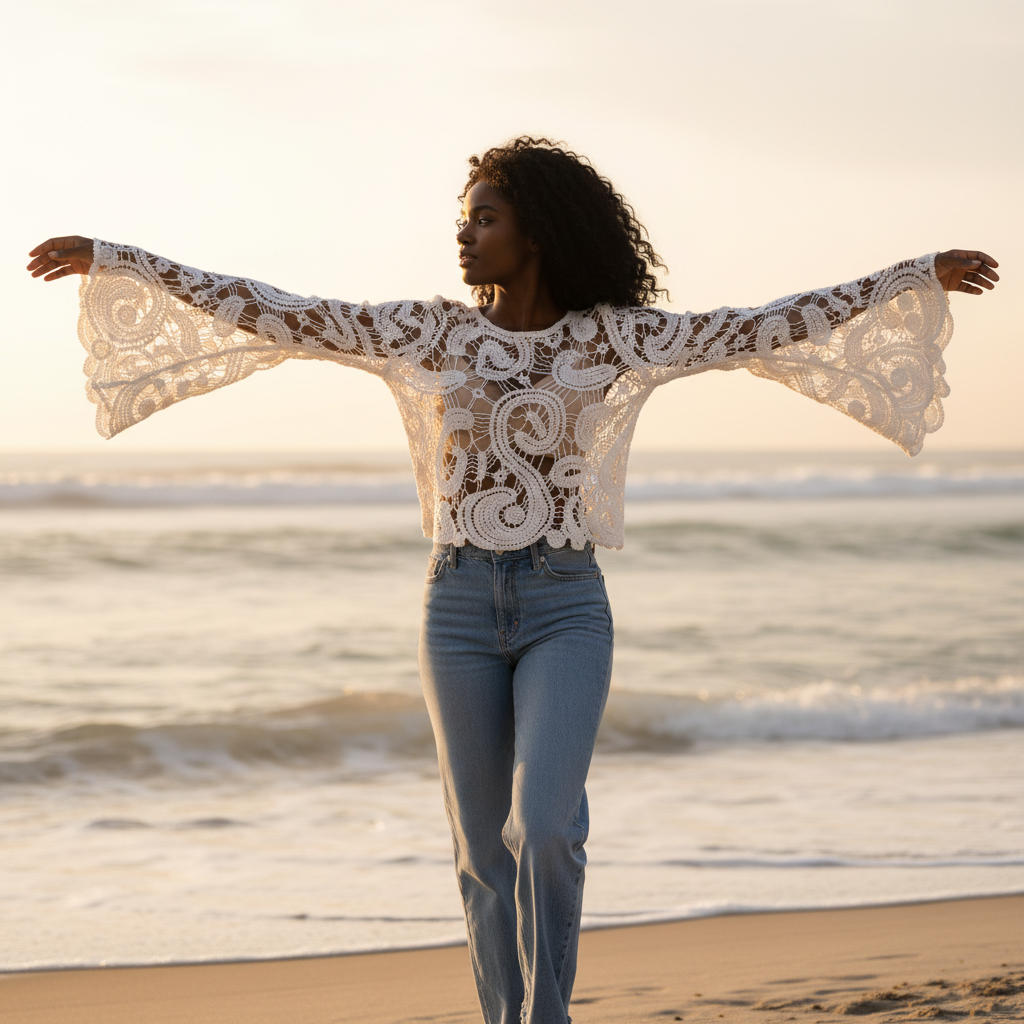 Women's white open-weave crochet crop top flowing bell sleeves beach golden hour light wash jeans