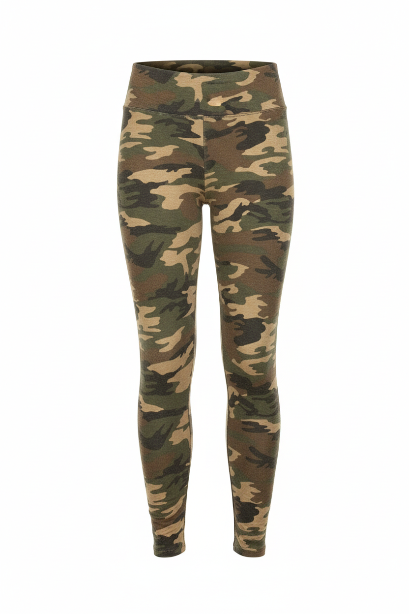Camouflage print brushed leggings front view with elastic waistband and fitted silhouette